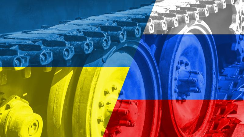 Russia Ukraine War Flag Concept with Armored Tank Military